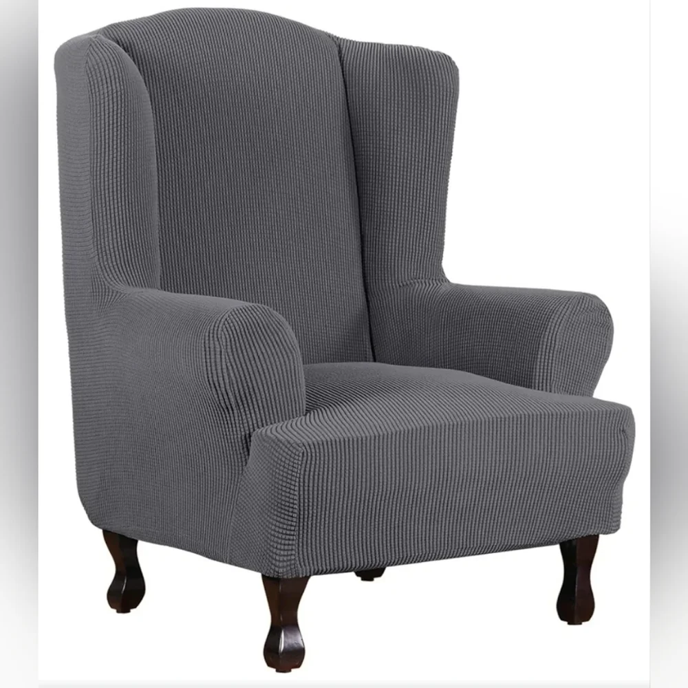 Wing Chair Queen Anne Style Cover Grey Slipcover